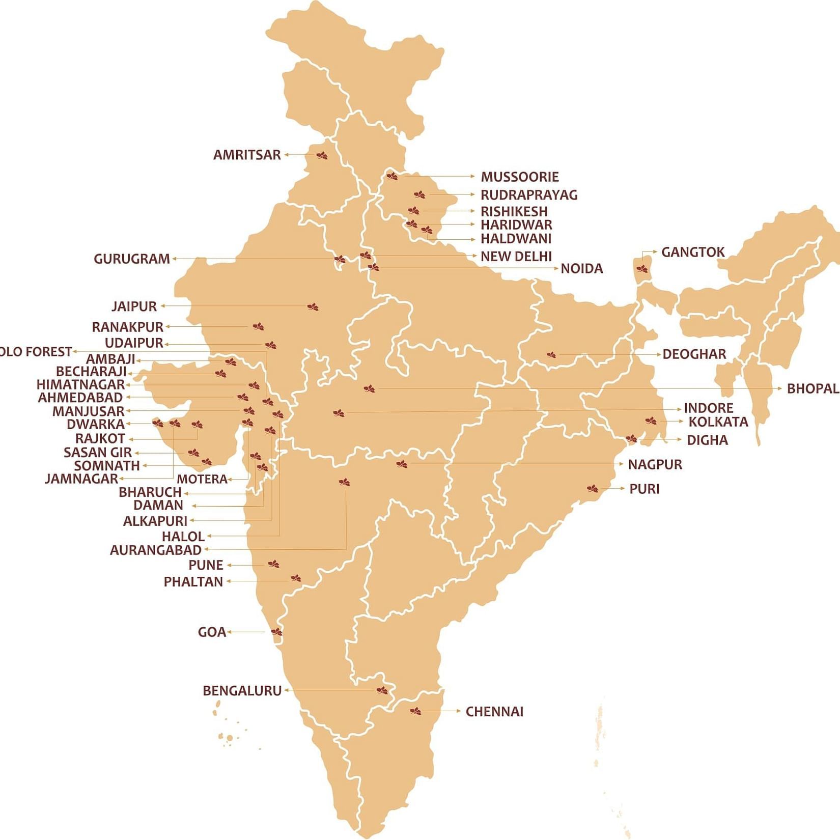Pride Hotel Resorts listed on a India map